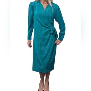 Vintage Adrianna Papell 100% Silk Wrap Dress Size 4 Teal Blue Elegant Midi